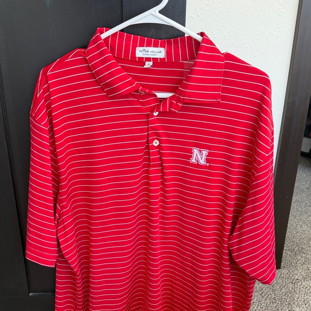 Peter Millar Red and White Striped Nebraska Cornhuskers Polo